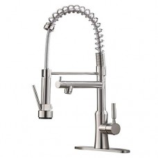 Friho Lead-Free Commercial Modern Brushed Nickel High Arch Stainless Steel Single Handle Single Lever Two Spouts Pull Out Pull Down Sprayer Spring Kitchen Sink Faucet  Brushed Nickel Kitchen Faucets - B07FT4M7TJ